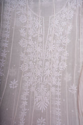 Mulmul Cotton Chikankari Semi Stitched A Line Gown with Bottom and Dupatta-Ivory
